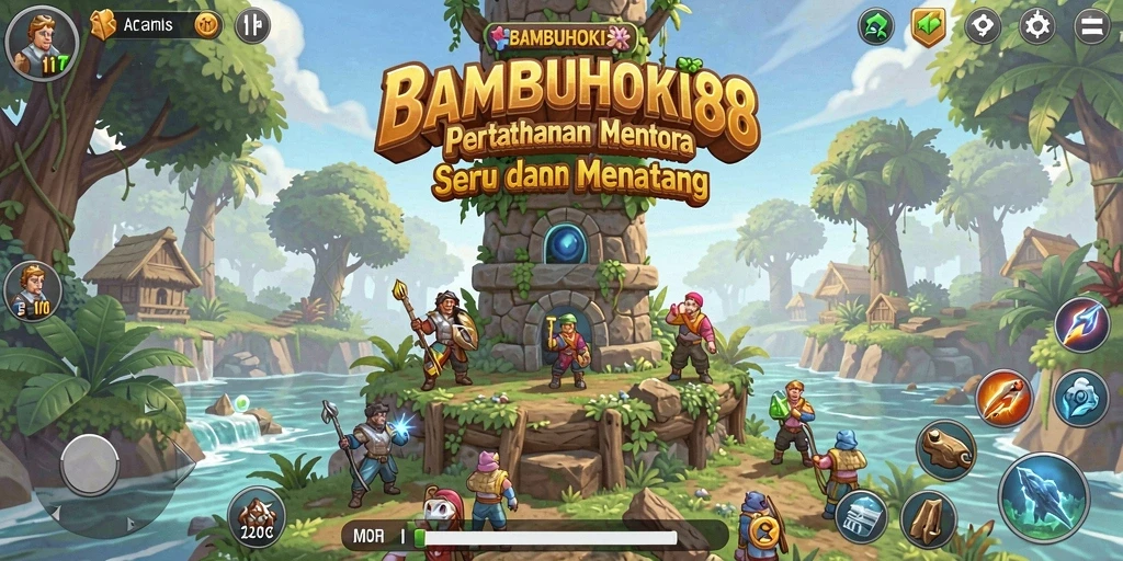Tampilan gameplay seru dalam BAMBUHOKI88 menunjukkan pertahanan menara yang strategis.