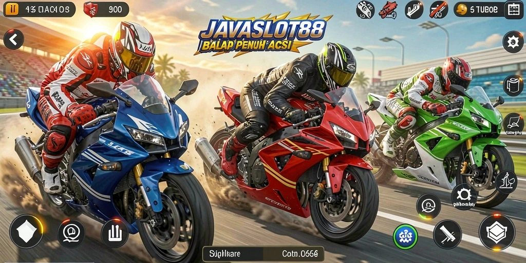 Tampilan gameplay menegangkan dari JAVASLOT88 dengan balapan motor cepat.