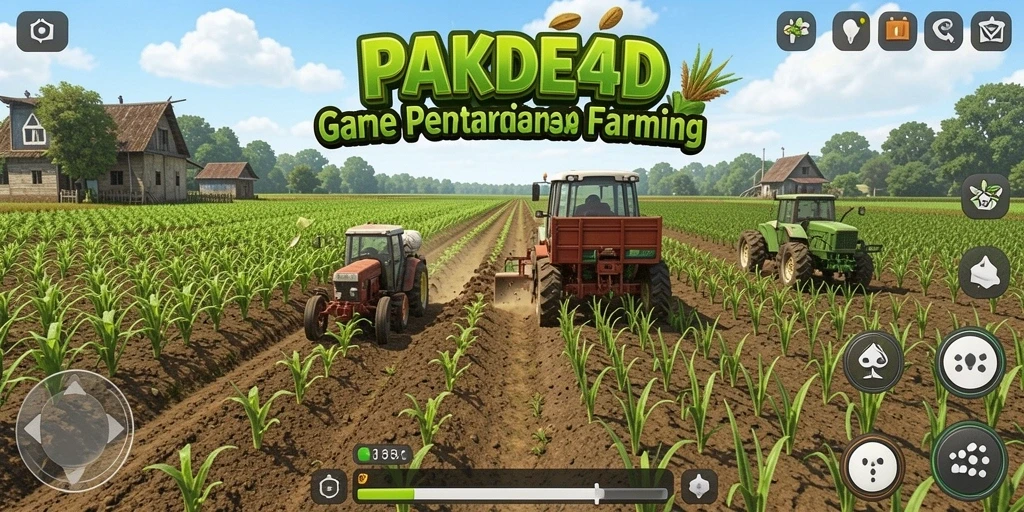 Screenshot utama PAKDE4D menampilkan aksi seru dalam bertani.