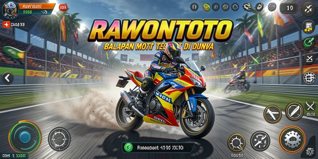 Screenshot gameplay RAWONTOTO menampilkan balapan motor mendebarkan.